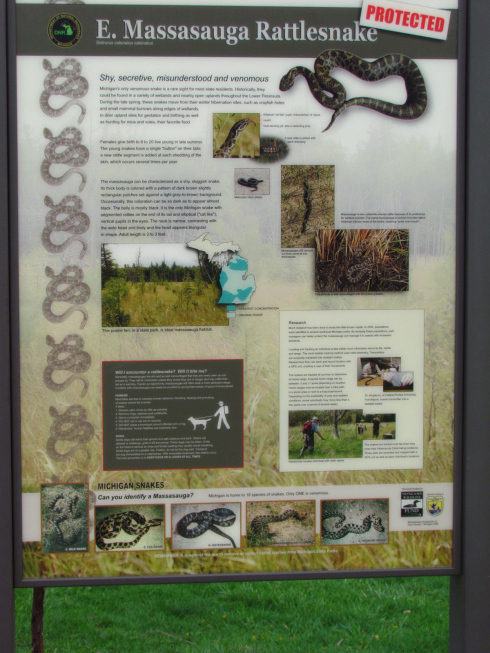 Michigan DNR Rattlesnake information sign at Seven Lakes State Park.