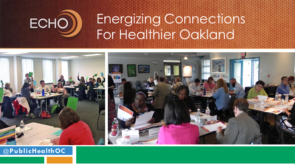 A collaboration event taking place in a room, featuring groups of people engaged in discussion and activities, with tables set up and materials spread out. The event is titled 'Energizing Connections For Healthier Oakland' under the ECHO initiative.