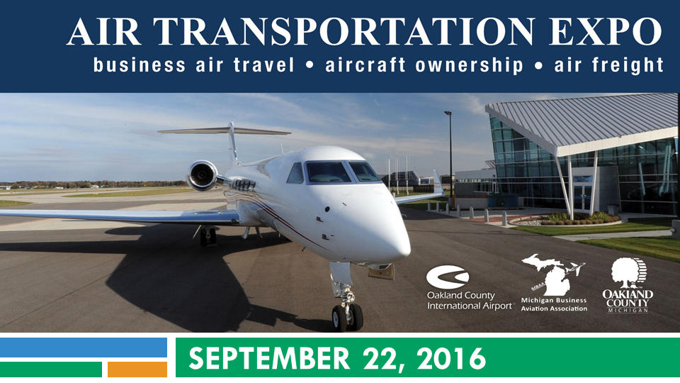 Air Transportation Expo promotional image featuring a business jet on a runway with an airport terminal in the background, event details highlighted.