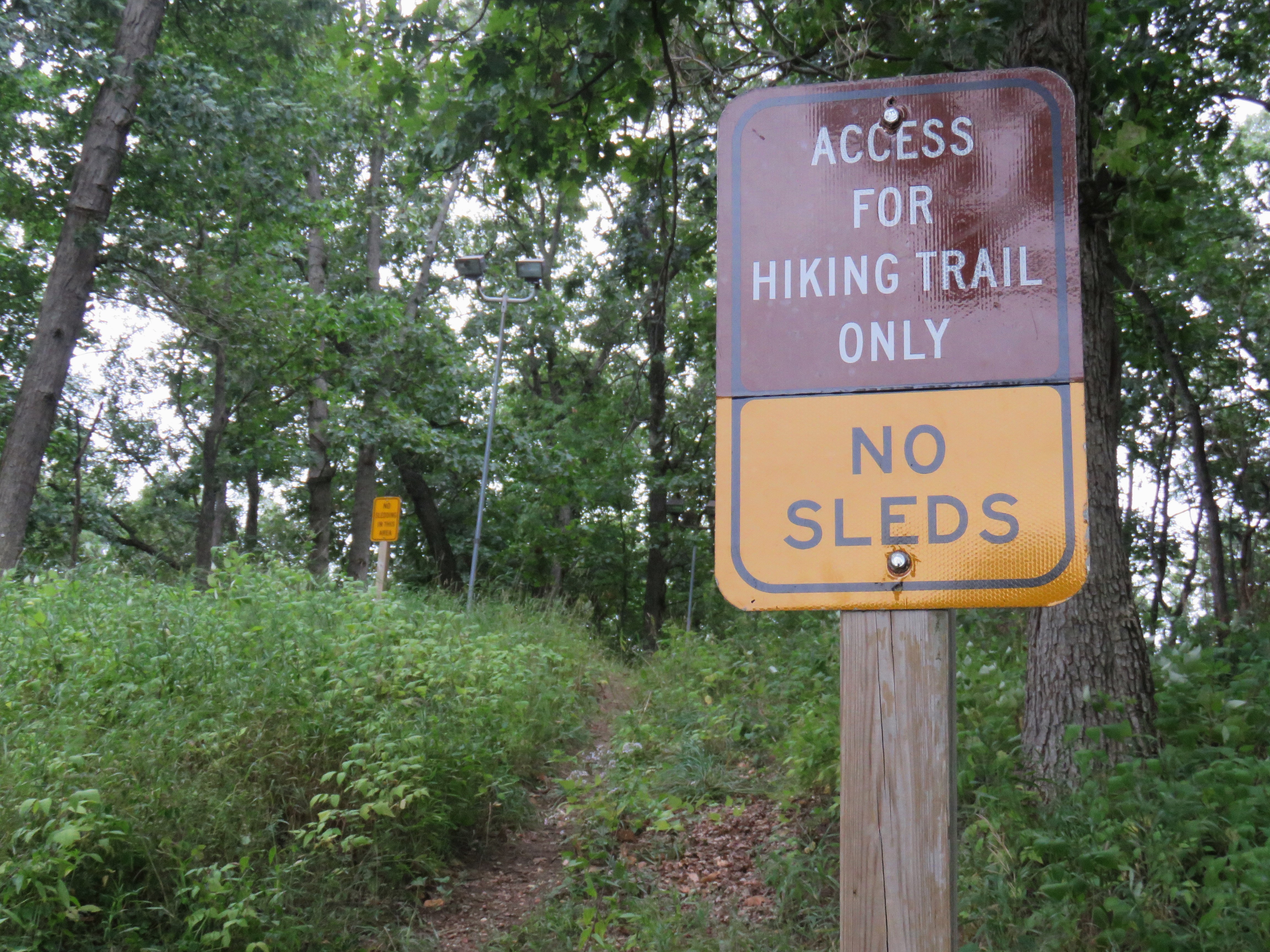 The wooded side of a kame covered with trees and plants with green foliage. A sign reads: Access for Hiking Trail Only - No Sleds. 