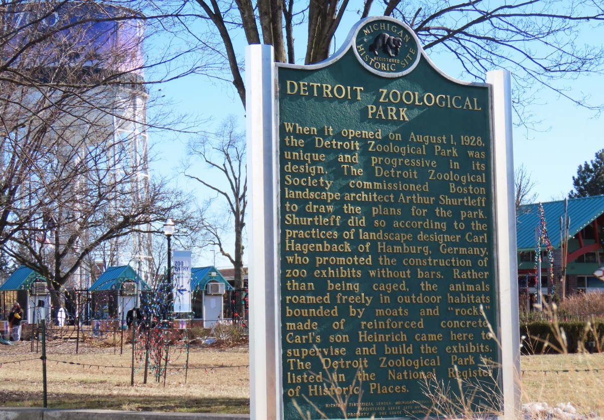 A Michigan Historic Site sign detailing textual info about the Detroit Zoological Park