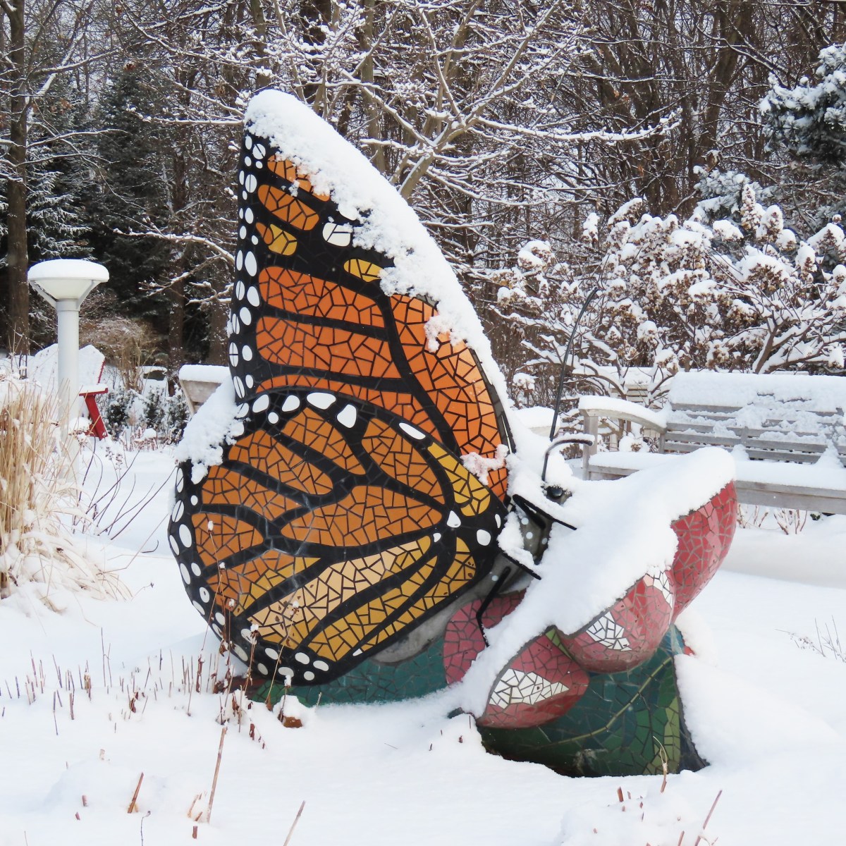 Snow-covered monarch butterfly statue in garden