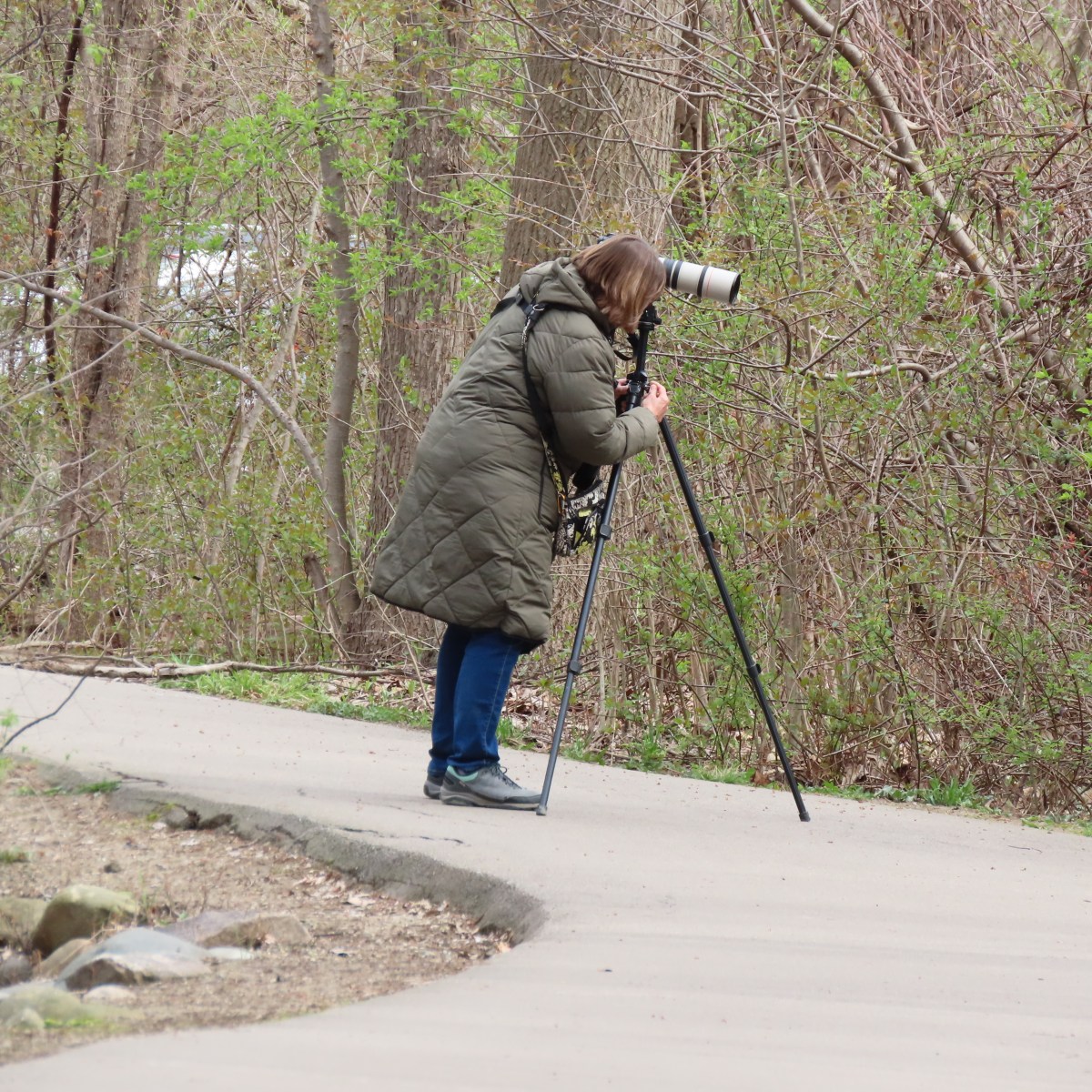 Guest at Red Oaks Nature Center with camera along trail