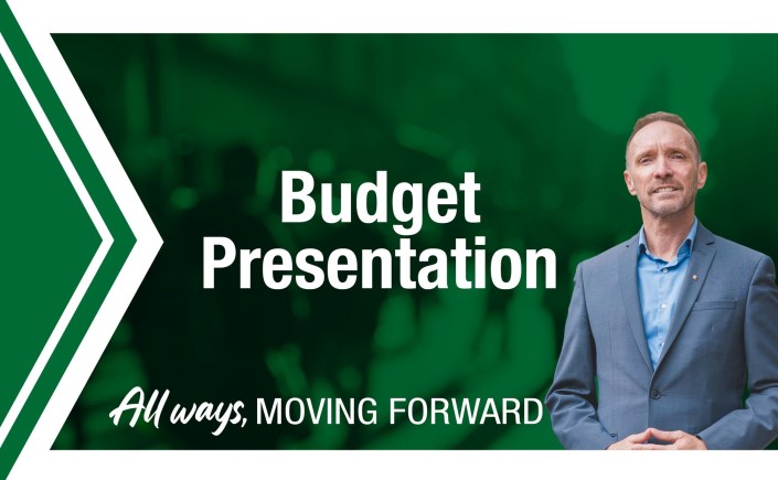 Graphic that reads "Budget Presentation" with photo of County Executive Coulter