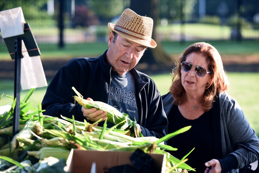 Two people looking at corn at the farmers market