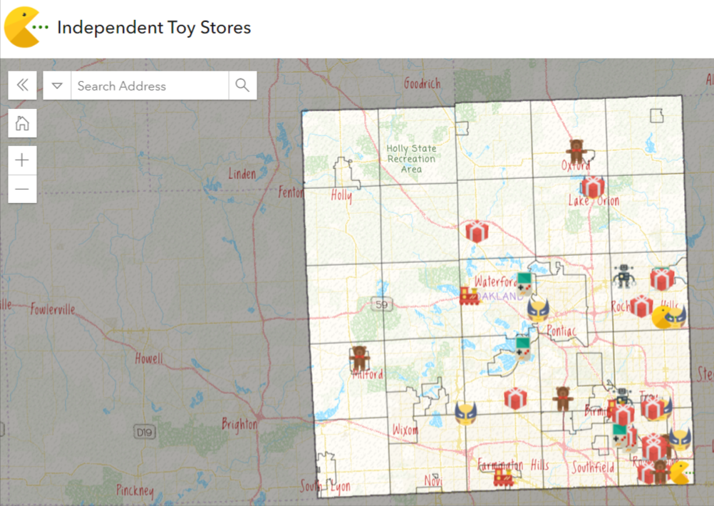 Map of Independent Toy Stores in Oakland County